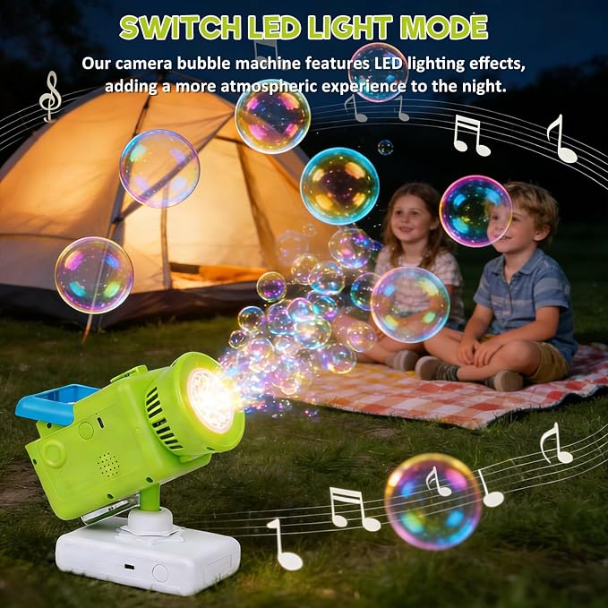 Upgraded Rechargeable Camera Bubble Machine, Bubble Maker for Kids with LED Light, Auto 360° Rotation, Large Bubbles, Type-C Charge, Outdoor Toys Gifts for Wedding, Birthday, Parties, Easter