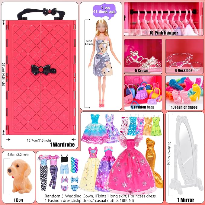 11.5-Inch Fashion Doll with Closet Clothes Accessories Set - Includes Princess Gown, Long Dresses, Outfits, Shoes, Handbags, Mirror, Pet Dog & More (Doll Included)