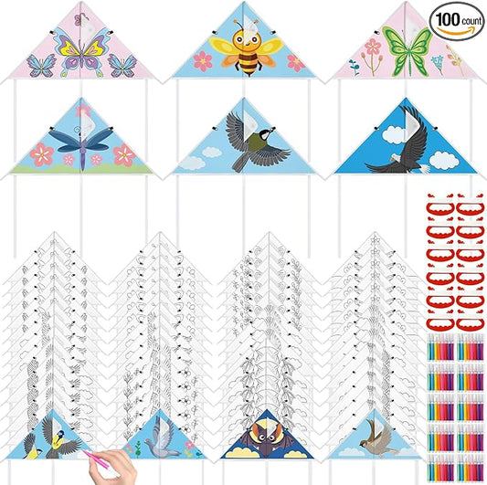 Syhood 60 Pcs DIY Coloring Kites Kit for Kids Pre-Printed Cartoon Animal Kites Summer Decorating Making Kit with Watercolor Pens and Strings Handles for Outdoor Game and Activities