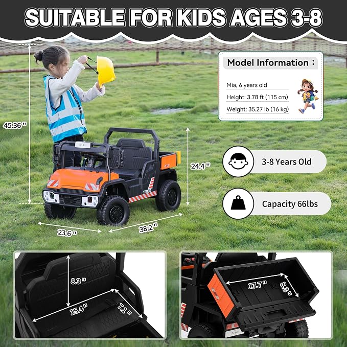 TOBBI 12V Electric Kids Car, Toddlers Ride On Dump Truck Toy with Parent Remote Control, Battery-Powered 4 Wheels Off-Road Vehicle to Drive with Auto Trailer/Horn/LED for Chirdren 3-8 Years-Orange