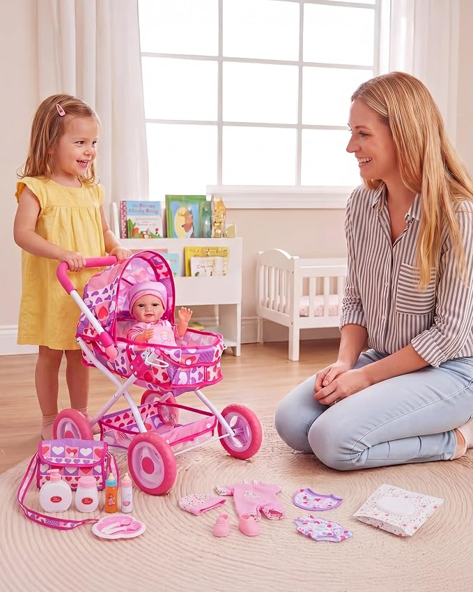 BABESIDE Baby Doll Stroller Set with 12 Inch Baby Doll, 14 Pcs Baby Doll Accessories, Folding Doll Pram Pretend Play Set, Feeding, Bath & Care Toys, Gift for Girls Ages 3yrs+