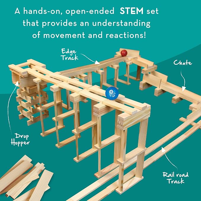 MindWare KEVA Contraptions, Wooden Blocks Building Set, Marble Run Kit, Includes 2 Balls - 200 Planks