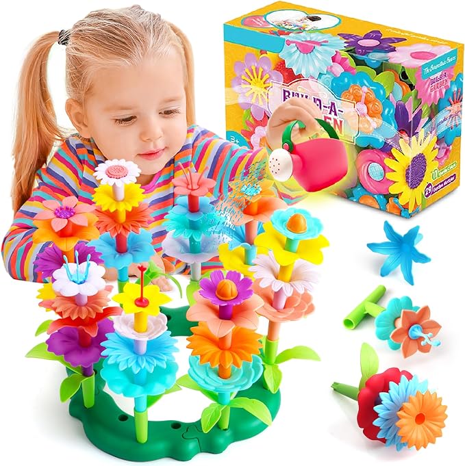 FUNZBO Girl Flower Garden Building Toys Set - Birthday Gifts for Age 3 4 5 6 7 8 Years Old Girls, STEM Montessori Educational Toy for Toddler Kids, Sorting & Stacking Spring Gardening Set