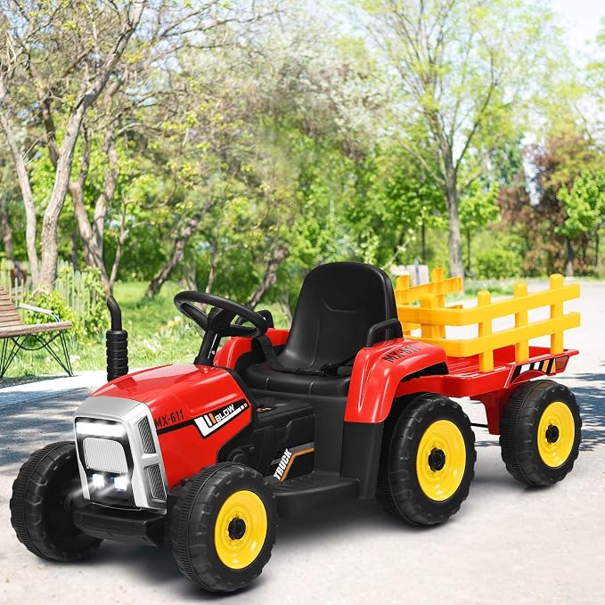 Costzon Ride on Tractor with Detachable Trailer, Kids' Electric Vehicles w/3-Gear-Shift Ground Loader, Wireless Design & USB, 7 LED Headlights, Remote Control Tractor Toy for Kids 3+ (12V, Red)