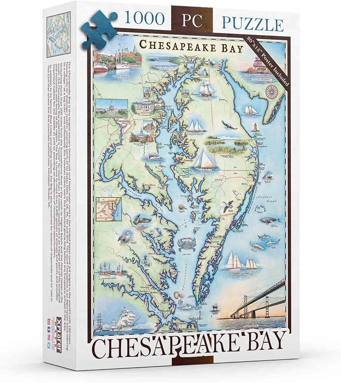 Chesapeake Bay Map Jigsaw Puzzle – 1000 Pieces, Hand-Drawn Artwork, Educational Family Puzzle, Includes Poster – 19.8” x 26.4”