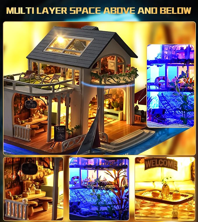 Spilay Miniature Dollhouse Kit with Furniture,DIY Dollhouse Kit Mini Modern Villa Model Plus Dust Cover and Music Box,1:24 Scale Creative Room Idea for Adult Birthday Gift(Hawaii Impression)