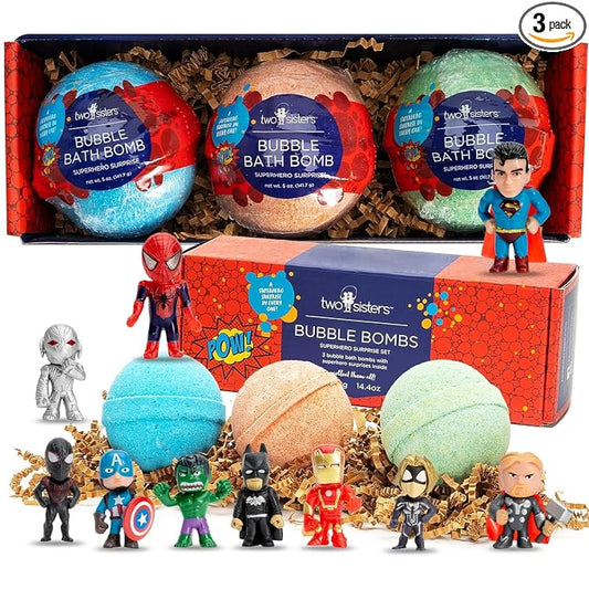 Superhero Bath Bombs for Kids with Surprise Toys Inside (3 Pack) - Large Bubble Bomb for Boys & Girls - Fizzies, Relaxing Aromas, USA Made, Skin-Safe, Stain-Free by Two Sisters