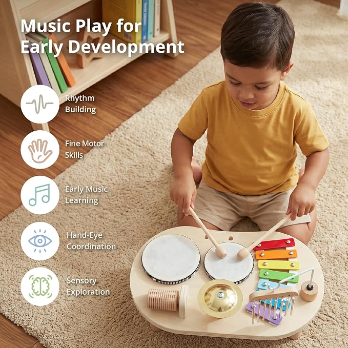 Wooden Drum Set for Toddlers 1-3, Musical Percussion Instruments for Kids Baby Drum Set Xylophone, Montessori Educational Musical Toys for Girls Boys Ages 3+