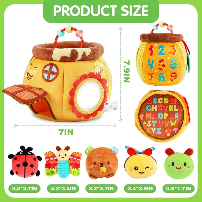 Baby Toys 6-12 Months - Soft Beehive with 5 Stuffed Animals, Rattle, Crinkle, Mirror, Montessori Sensory Toys for Babies 6 7 8 9 10 Month Old Boy Girl 1 Year Old Birthday Shower Gifts Toddler Ages 0-2