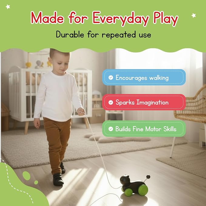 Jack Rabbit Creations- Whiskers The Cat Toddler Wooden Pull Toy- Classic Retro for Toddlers- Durable Construction- Smooth Rolling Wheels- Encourages Imaginative Play-18 Months+