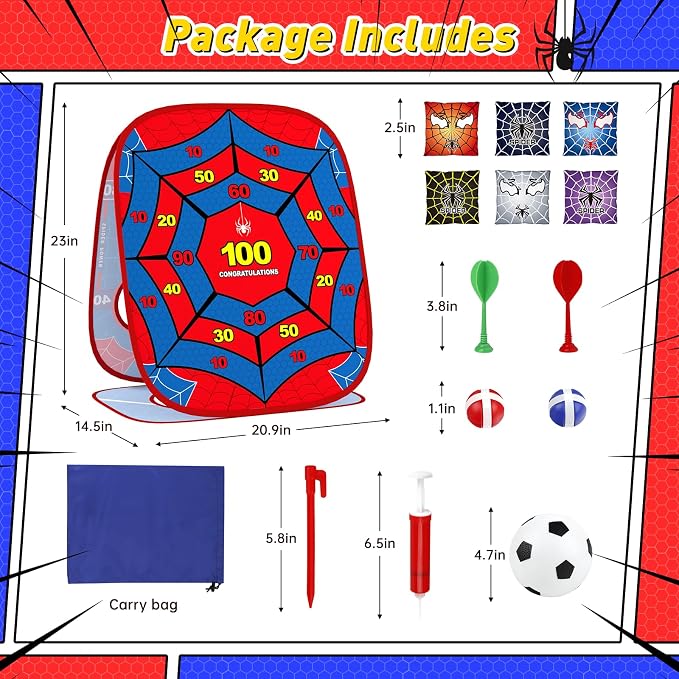 4-in-1 Spider Bean Bag Toss Game for Kids, Kids Cornhole Game Set Indoor Outdoor Toys for Boys Girls Ages 3-8, Football Toss Sticky Ball Dart Game, Backyard Lawn Beach Birthday Party Gift