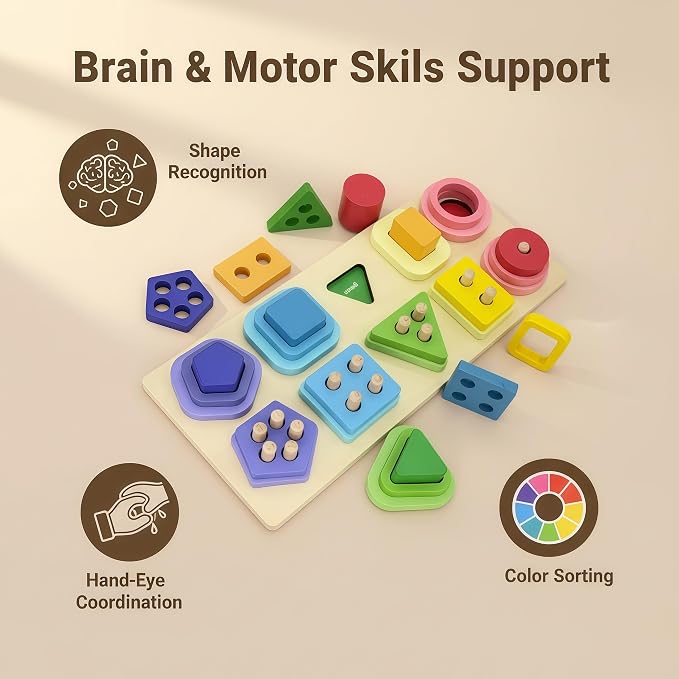 Montessori Toys for 1-3 Year Old Wooden Stacking & Color Shape Sorters, Educational Sensory Toys for Toddlers, Boys Girls Birthday Gifts, Travel Toy