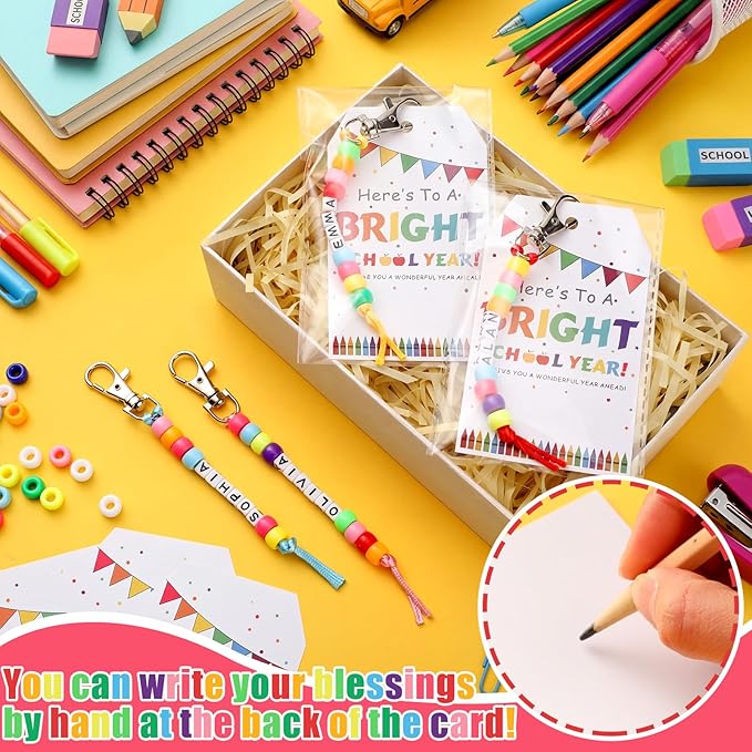 Suncalla 984 Pcs 24 Set Back to School DIY Bead Keychain Making Kit Key Chain Crafts Adjustable Letter Beads Cards Strings Kit Welcome First Day Gift Jewelry Making Supplies Party Favors