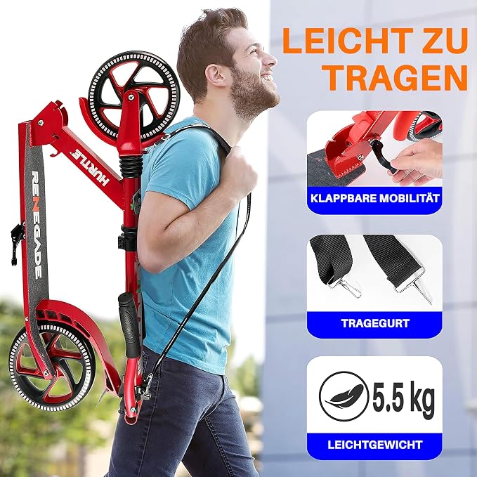 Hurtle Renegade Kick Scooter for Kids, Teenagers & Adults - 2-Wheel Folding Scooter with Adjustable T-Bar Handlebar - Alloy Anti-Slip Deck