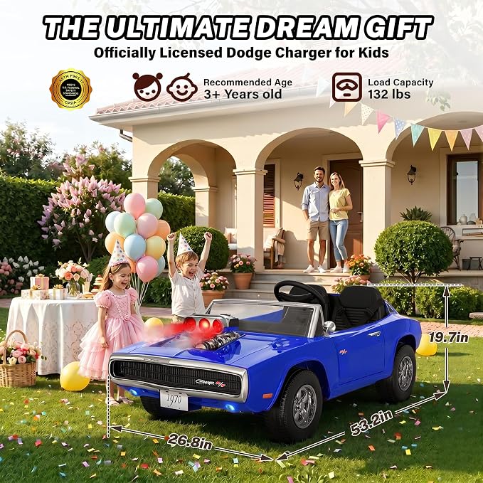 Licensed 1970 Dodge Charger 24V Ride on Toys for Big Kids, 2 Seater Ride on Car with Parent Remote Control, Dual 120W Motors, Bluetooth Music, LED Lights, Hood Supercharger with Mist, 5 MPH