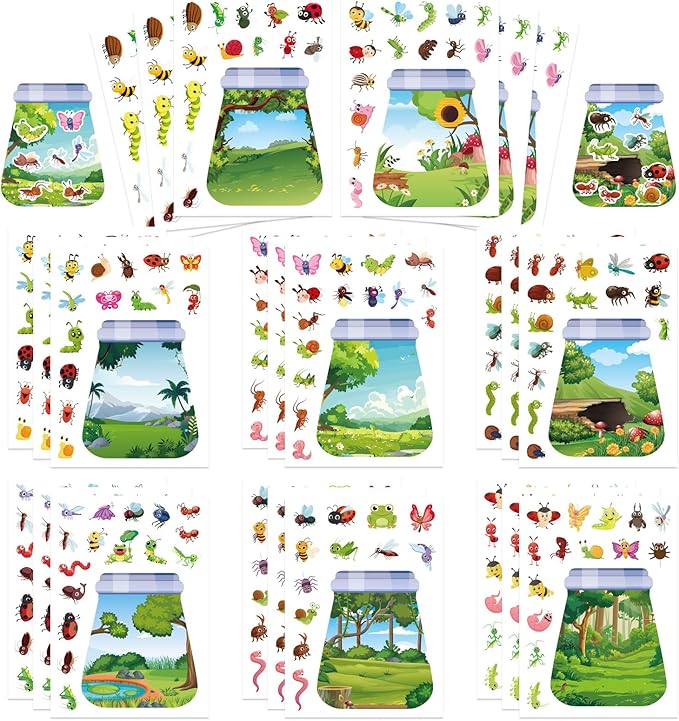 24 Sheets Insect & Bugs Jar Scene Stickers, Make Your Own Bug Jar Sticker with Bee/Butterfly/Ladybug, 8 Designs DIY Nature Scene, Spring Summer Craft, School Classroom Party Decoration