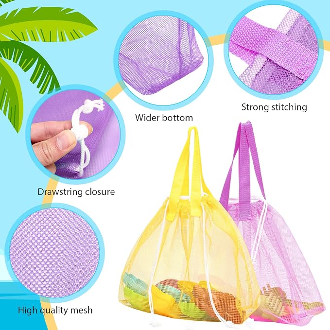 Paterr 4 Pcs Mesh Beach Tote Bag Seashell Bags Foldable Large Beach Toy Organizer with Drawstring, Pool Gym Swimming Camping Accessories Lightweight Foldable Birthday Gifts (4 Colors)