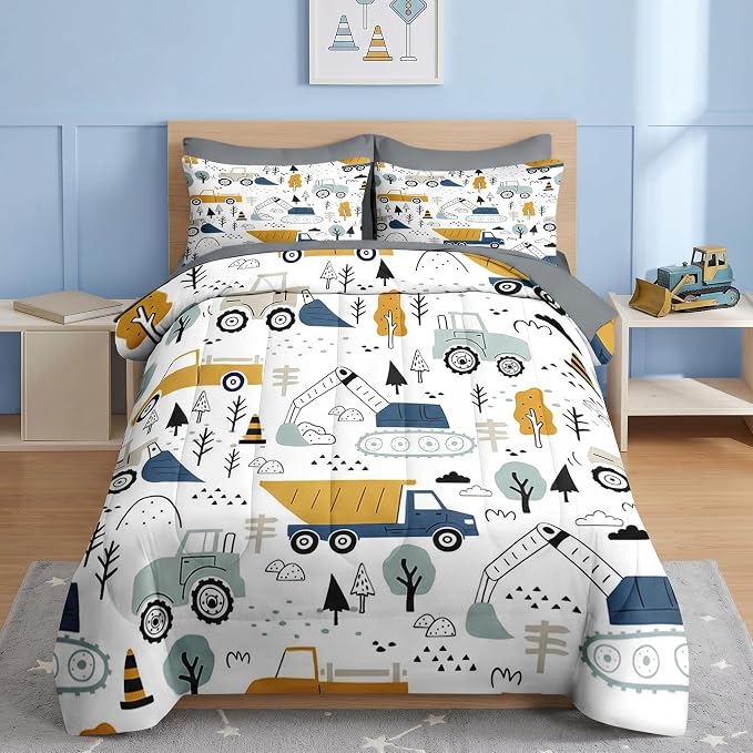 Nesker 7 Pcs Comforter Set Full Size, Cute Cars Truck Tractor Bedding for Kids Teen, Cargo Crane Bulldozer Excavator with Fitted Sheet 2 Pillowcases & 2 Shams for Bedroom Bed Decor
