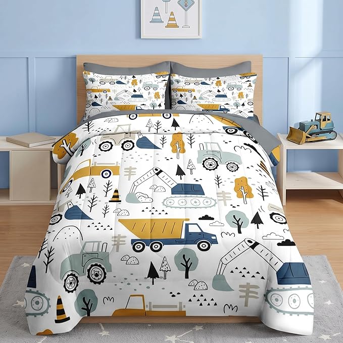 Nesker Comforter Set Queen Size, Cute Cargo Crane Bulldozer 7 Pcs Bedding for Kids Teens, Cars Truck Tractor Excavator with Fitted Sheet 2 Pillowcases & 2 Shams for Bedroom Bed Decor