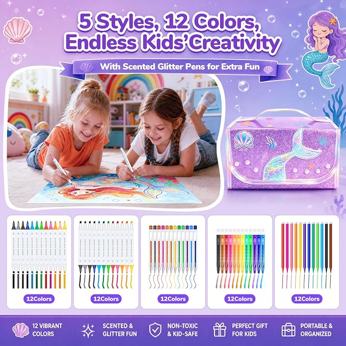 Mermaid Arts and Crafts for Girls Ages 4–5–6–7–8, 70 PCS Art Supplies Set for Kids with Washable Markers, Bonus Mermaid Hairpin, 3D Glitter Case, Scented Gel Pens & Twist-Up Crayons, Birthday Gift