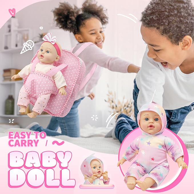 SMILESSKIDDO 12 Inch Soft Body Baby Doll for Toddlers with Take Along Dolls Backpack Carrier Accessories, Baby Doll Clothes and Babydoll Caring Set for Toddler Kids Girls