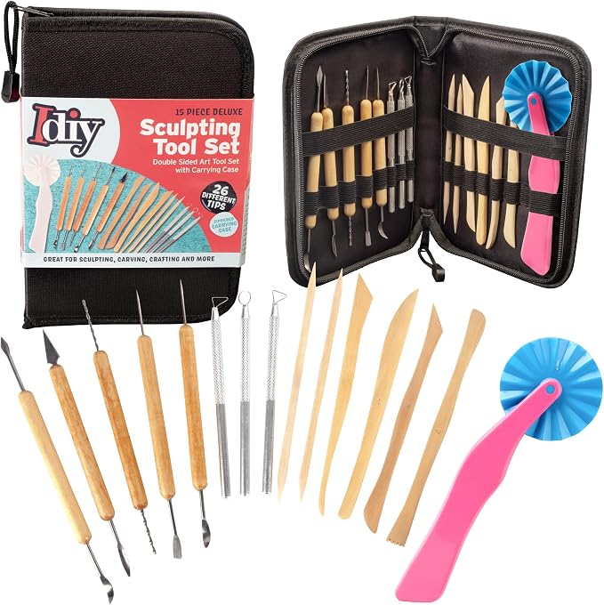 Pottery Tool Starter Kit- 15-Piece 26-Tool Beginner's Clay Ceramics Modeling Carving Sculpting Set- Arts & Crafts School Project, w Carrying Case, Birthday Gift for Kids, Gift Set for Artists
