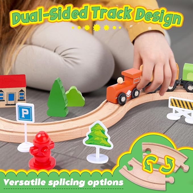 Wooden Train Set 61-Piece for Toddlers Kids Ages 3-8, Double-Sided Expandable Train Track with Puzzles & Magnetic Fishing Toys Compatible with Major Brands, STEM Railway Playset Gifts for Boys Girls