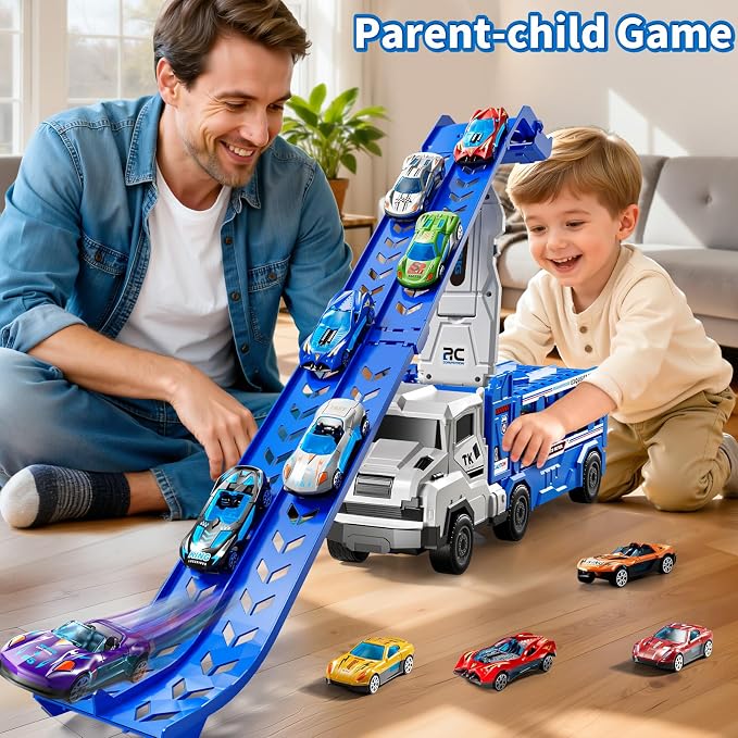 3-in-1 Kids Carrier Truck Toy Car Tracks for Toddlers 2-4 Years Old with 12 Racing Cars Toys, Foldable Chasing Race Track and Car Garage, Car Ramps Birthday Gift for Boys Girls 3-5 4-8(Blue)