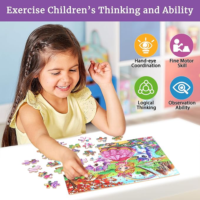 MZZOTOY Princess and Unicorns Puzzles for Kids Ages 4-8, 100 Pieces Jigsaw Puzzles for Kids Ages 3-5 Puzzle for Girls and Boys Learning Educational Puzzles Toys in a Metal Box