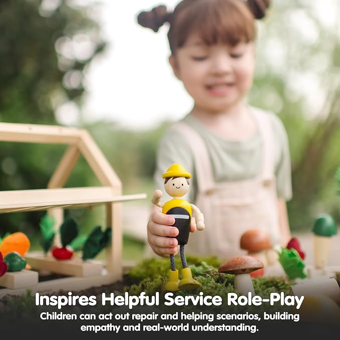 PlanToys® Wooden Service Worker Doll | Poseable 1:12 Scale Character Figure with Toolbox for Dollhouse Play, Repair Scenarios & Social Interaction | Eco Friendly Montessori Pretend Play Figure