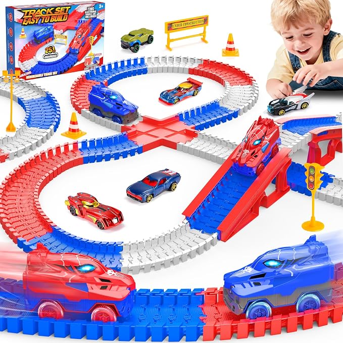 Aetyni Spider Race Car Track Set for Kids: Spider Toys for Boys 4-6 Flexible Tracks with 2 Electric Cars Toys for 3 4 5 6 7 Year Old Boys Birthday Gift for Toddler Kids Grandkids Age 3-5 6-8