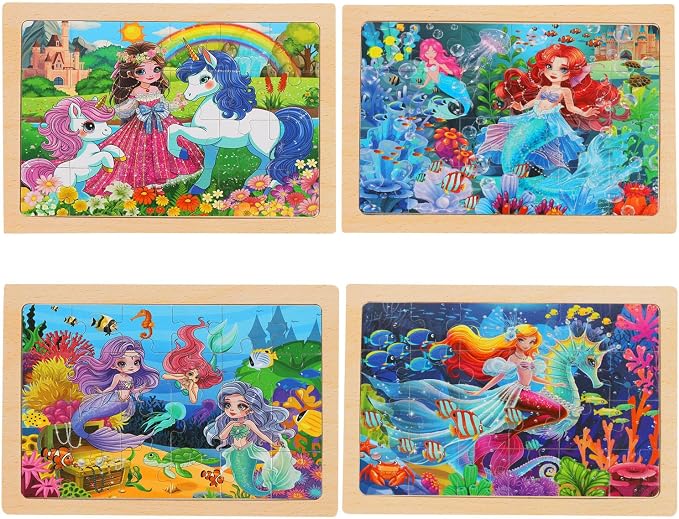 4-Pack Wooden Puzzles for Kids Ages 4-6, 24 Piece Unicorn Mermaid Princess Jigsaw Puzzles, Preschool Toddlers Learning Activity Puzzles Toys for Girls 3 4 5 6 Years Old