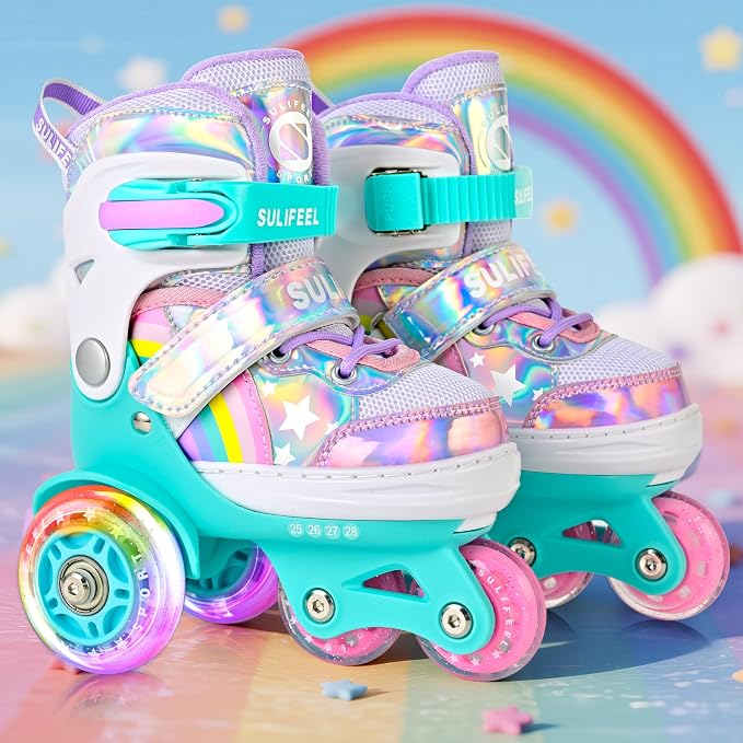 SULIFEEL Rainbow Unicorn 4 Size Adjustable Roller Skates for Girls Boys for Kids Ages 3-5 5-8 6-12 Children Skates Indoor Outdoor