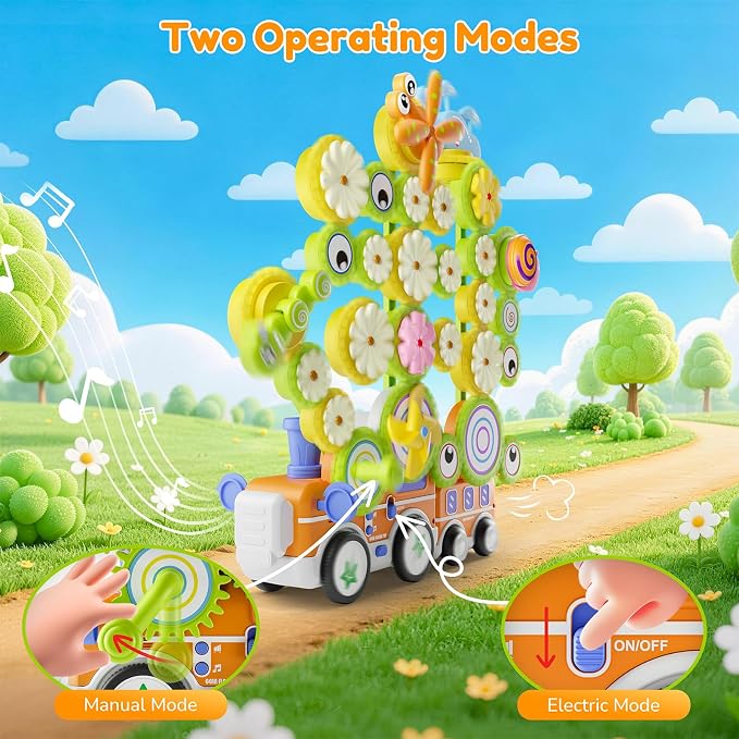 Gears Building Toys for Kids Ages 3+, STEM Construction Set for Toddlers, Train and Flower Models with Electric & Manual Modes, Lights and Music, DIY Educational Learning Toys Gift for Boys and Girls