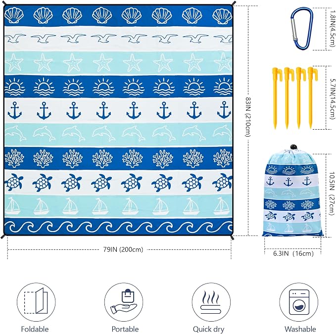 HIHOHO Beach Blanket Waterproof Sandproof Extra Large Beach Mat 79" X 83"/120"x108"for 1-8 Adults Quick Drying Durable Outdoor Picnic Mat for Beach Travel Camping Hiking