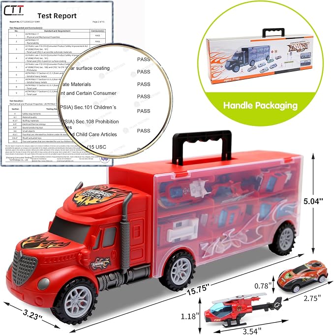 Toddler Toys for 3-4 Year Old Boys,Large Transport Cars Carrier Set Truck Toys with 12-in-1 Vehicles Truck Toys Cars,Ideal Christmas Easter Gifts Toys for Kids Age 3-7,Red