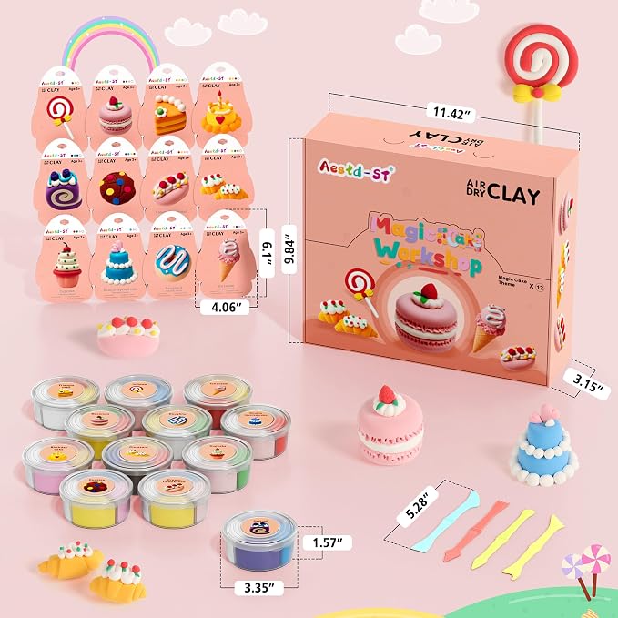 Aestd-ST Air Dry Clay Kit - Cake Themed, Modeling Clay for Kids, Dessert DIY Magic Clay with Tools and Tutorials, 12 Boxes Molding Clay, Soft & Non-Sticky, Arts and Crafts Gifts for Kids