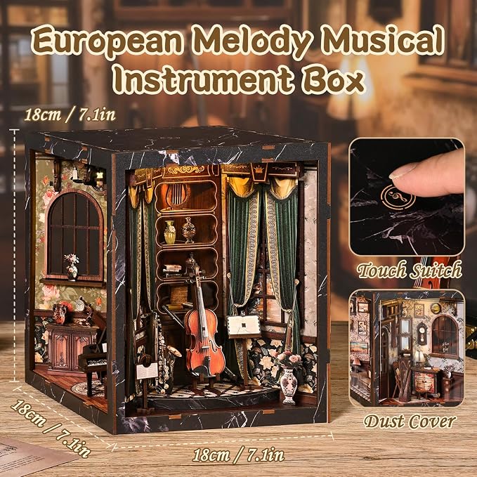 DIY Miniature House Kit, Book Nook Kit, A Scene on Every Side, 3D Wooden Puzzles Bookshelf Craft Kits, Dollhouse Kit with LED Light, Mini Building Kit for Adults Teen (European Melody Instrument Box)