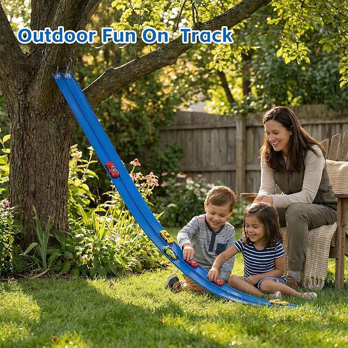 Flexible Race Track 16.5 Ft for Kids Starter Set, Race Car Ramp Track with Suction Cups, Compatible with 1:64 Scale Diecast Cars, Portable Rolls up Race Tracks, Gift for Boys & Girls Ages 3-8, Blue