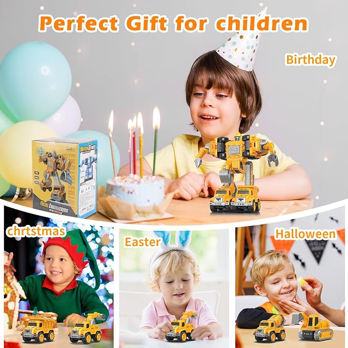 Toys for 3 4 5 6 Year Old Boys– 5-in-1 Detachable Construction Vehicles Set–Transform Robot Kids Toys Cars– Easy DIY Toys for Ages 5+ – Gifts for Boys Girls Birthday Christmas Easter