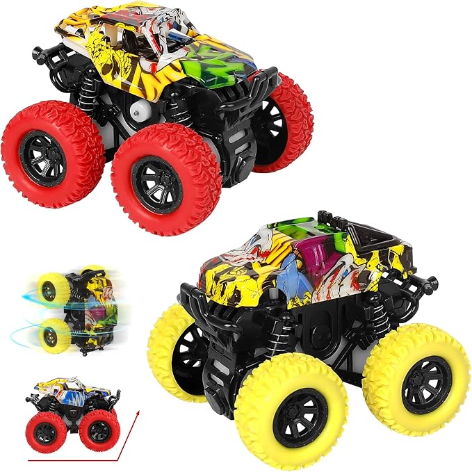 M SANMERSEN Monster Truck Toys for Kids, Friction Cars for Toddlers Push and Go 360° Rotating Stunt Car for 3+ Year Old Boys Girls Gifts (2 Pack - Red and Yellow)