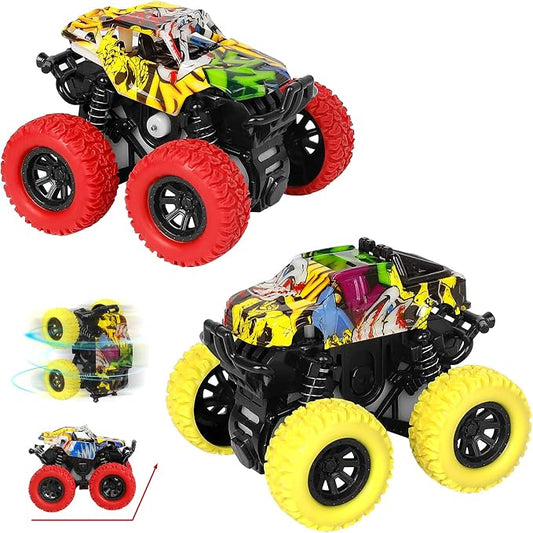 M SANMERSEN Monster Truck Toys for Kids, Friction Cars for Toddlers Push and Go 360° Rotating Stunt Car for 3+ Year Old Boys Girls Gifts (2 Pack - Red and Yellow)