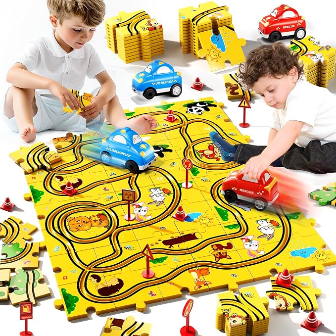 Bennol Puzzle Tracks Car Toys Gifts for 3 4 5 Year Old Boys 48PCS Puzzle Racer Cars Play Set for Kids Ages 3-5 4-6 Toys Gifts for 3 4 5 Year Old Boys Puzzle Racer Kids Car Track Set