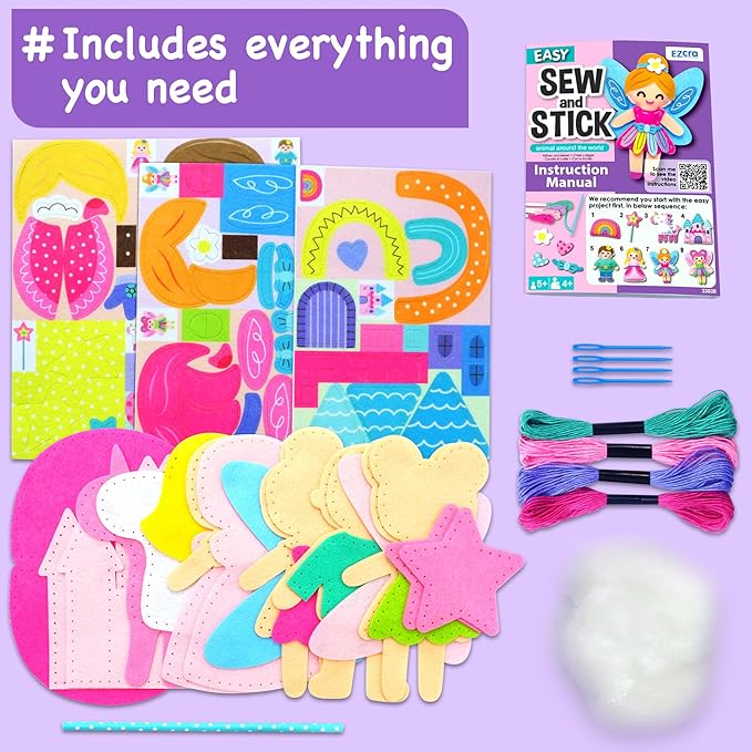 EZCRA Fairy Sewing Kit for Kids Ages 4-8 - Learn to Sew Craft Kit - 8-in-1 Beginner Sewing Projects for Girls - Gift for Kids with Full Instructions & Felt Stickers
