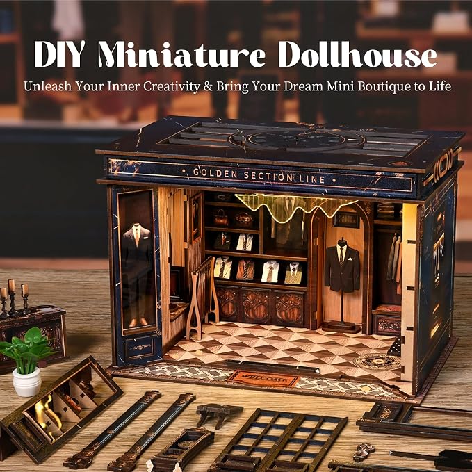 Book Nook Kit DIY Miniature Dollhouse Kit 3D Wooden Puzzles Gentleman's Clothing Store Tiny House Bookshelf Decor with LED, DIY Craft Gift for Adults Teens- Golden Section Line
