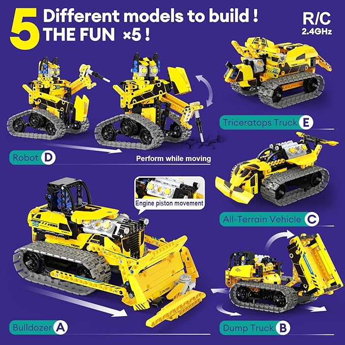LECPOP 5 in 1 STEM Robot Toy Building Kit, 452 PCS Blocks App & Remote Control Engineering Toys Robotics for Kids Ages 8-12, RC Bulldozer Erector Sets for Boys Girls 6 7 9 10 11 13 14+ Birthday Gifts