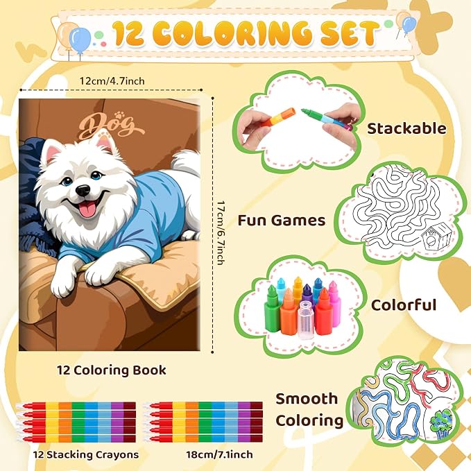 BenLouis 12 Dog Mini Coloring Books Kids with 12 Stacking Crayons Cute Puppy Party Favors Small Activity Books Bulk for Kids Pet Paw Party Gift Goodie Bag Stuffers