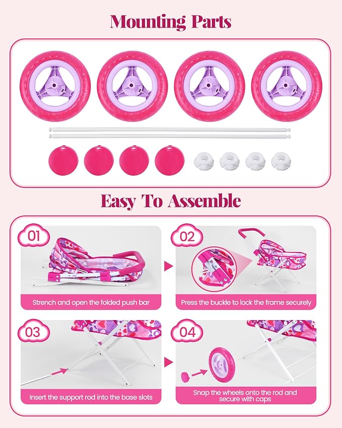 BABESIDE Baby Doll Stroller Set with 12 Inch Baby Doll, 14 Pcs Baby Doll Accessories, Folding Doll Pram Pretend Play Set, Feeding, Bath & Care Toys, Gift for Girls Ages 3yrs+