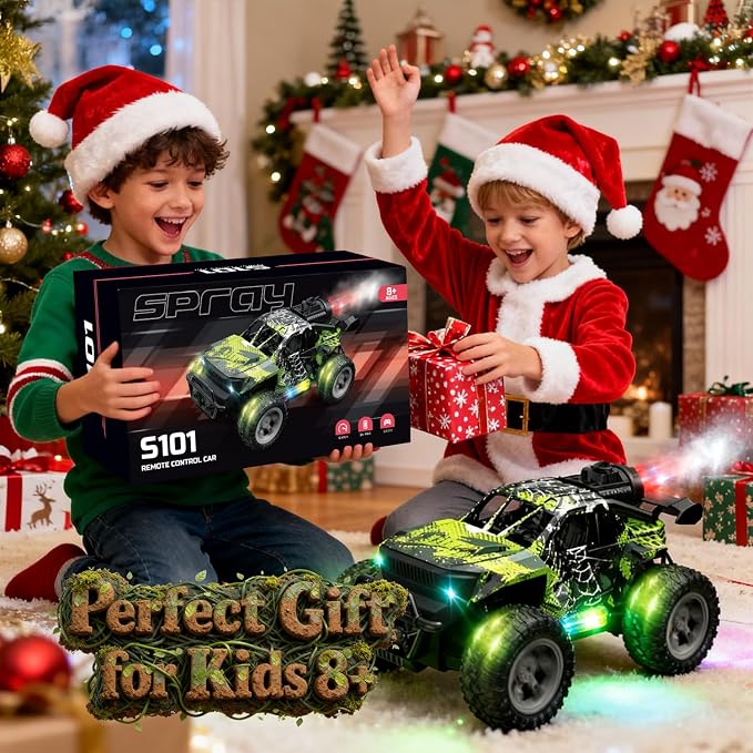 1:18 RC Monster Truck for Boys, Kids 4-7-8-12, All-Terrain Off-Road Remote Control Car with LED Lights & Spray, 40 Min Playtime, 2.4GHz Fast Response Graffiti Jeep Toy Gift RC Car for Kids