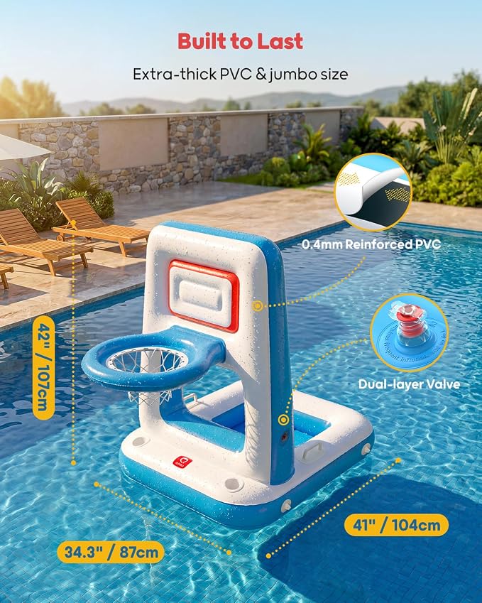 QPAU Pool Basketball Hoop with Built-in Cooler, 42" Poolside & Floating Inflatable Basketball Hoop for Family Pool Party — Swimming Pool Games for Kids & Adults, Includes 2 Balls & Pumps